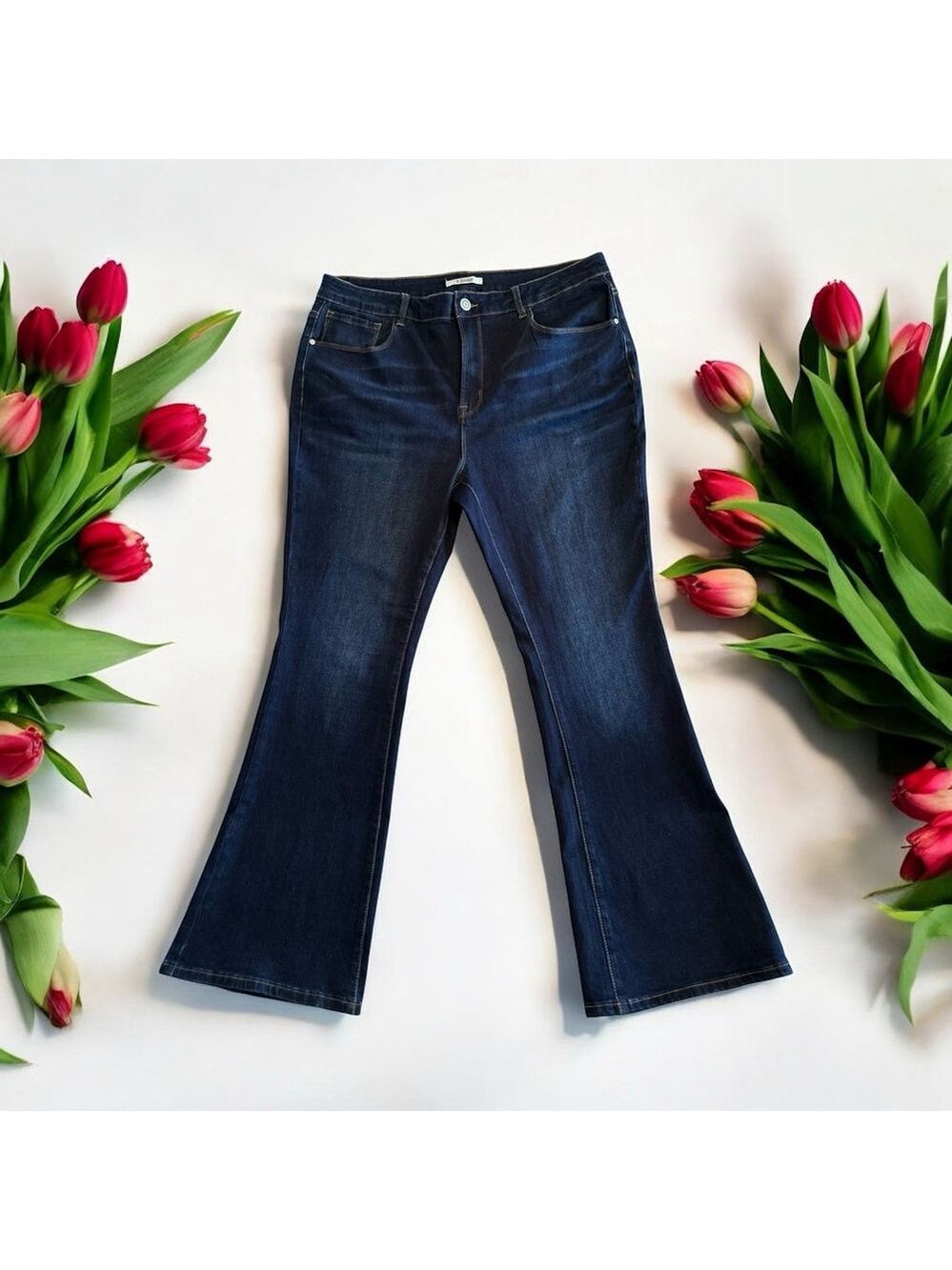 K Jordan Bootcut Denim Jeans Flare Hem Womens 20W BLUE High-Rise Pockets Zipper